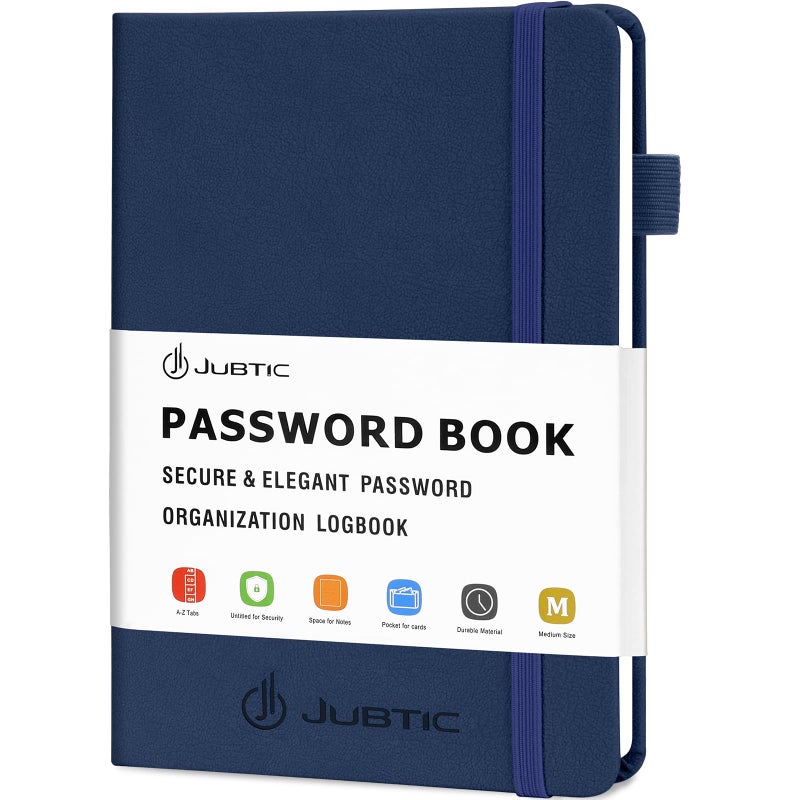 JUBTIC Password Keeper Book with Alphabetical Tabs. Medium Size Password Book for Seniors, Internet Website Address Log in Detail. Hardcover Password Notebook for Home Office, Navy Blue - Image 1
