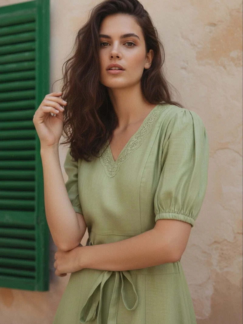 Outzidr  Green Green Lace-Trim Mini Dress With Puff Sleeves. for Women | Best Price UAE