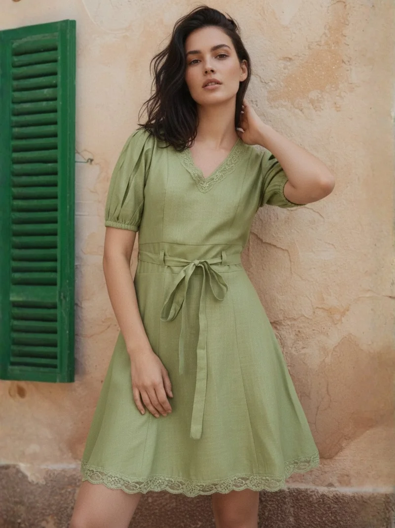أوجيدر Green Green Lace-Trim Mini Dress With Puff Sleeves.