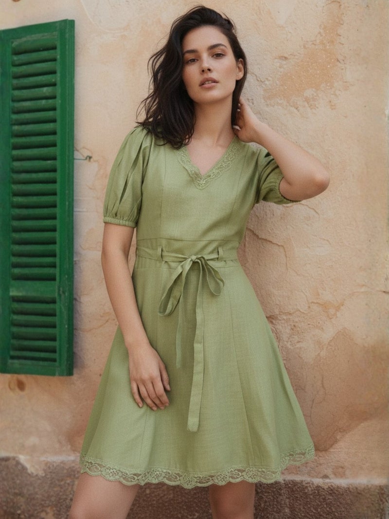 OUTZIDR Green Green Lace-Trim Mini Dress With Puff Sleeves. - Image 1