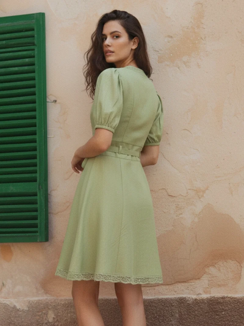 Outzidr  Green Green Lace-Trim Mini Dress With Puff Sleeves. for Women | Best Price UAE