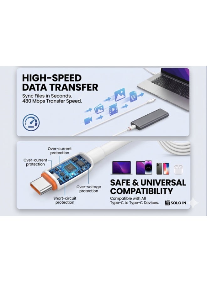 Solo Fast Charging 65W Cable Type C to C, Soft & Durable Wire, High Speed Data Transmission, Safety, Compatible with All iPhone & iPads Devices 1000mm - Image 4