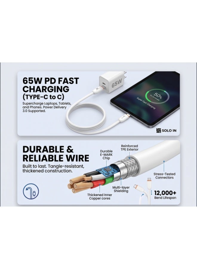 Solo Fast Charging 65W Cable Type C to C, Soft & Durable Wire, High Speed Data Transmission, Safety, Compatible with All iPhone & iPads Devices 1000mm - Image 2