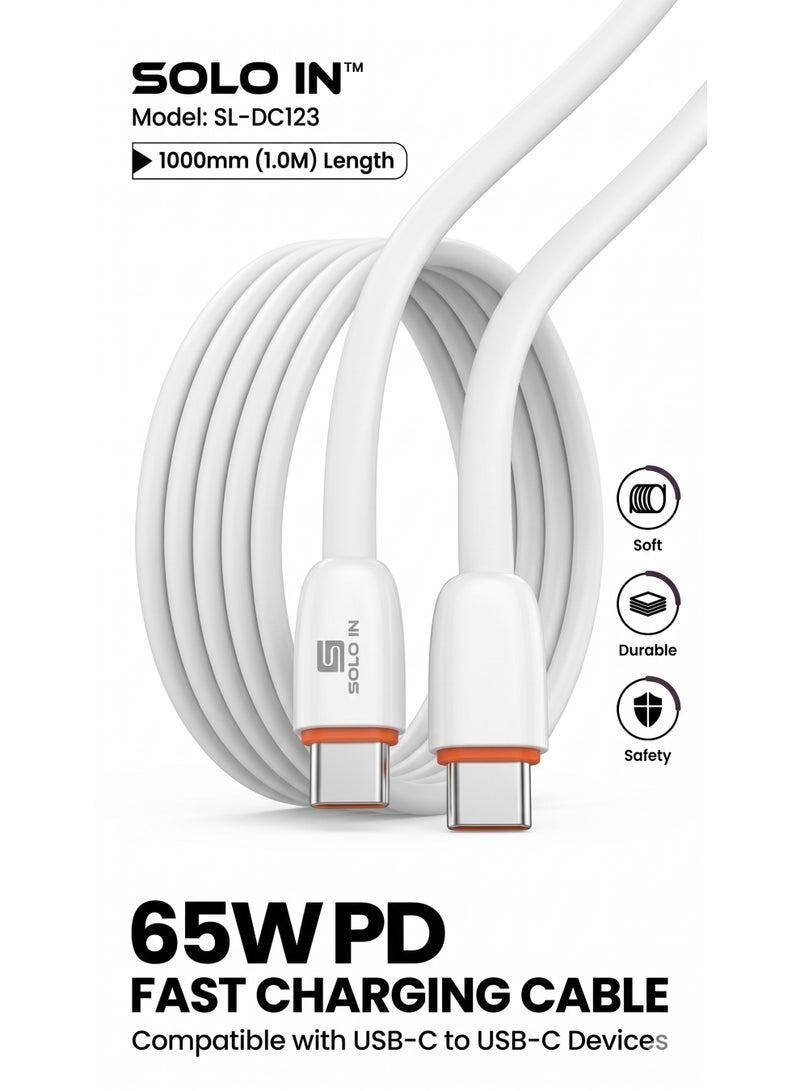 Solo Fast Charging 65W Cable Type C to C, Soft & Durable Wire, High Speed Data Transmission, Safety, Compatible with All iPhone & iPads Devices 1000mm - Image 3