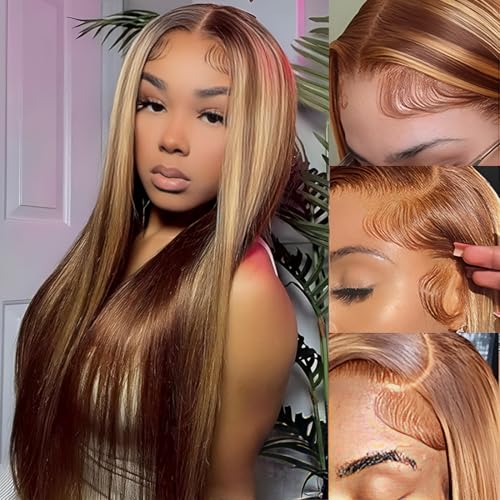 Ladoux Highlight Ombre Straight Human Hair 13x6 HD Transparent Full Lace Front Human Hair Wigs 20inch 180 Density Pre Plucked with Baby Hair P427 Color Glueless Human Hair Straight Honey Blonde Wig - Image 1