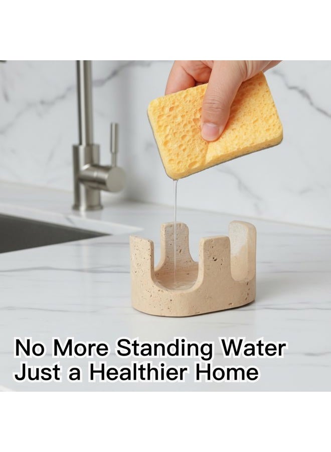 BekPooQ Natural Travertine Sponge Holder for Kitchen Counter, Dual Slots, Drying Rack, Sponge Caddy for Sink Organizer, Sponge Holder for Countertop,2 Slots, Beige Travertine - Image 2