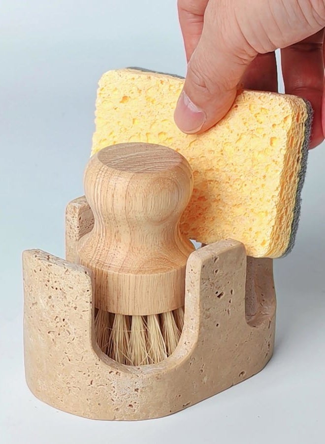 BekPooQ Natural Travertine Sponge Holder for Kitchen Counter, Dual Slots, Drying Rack, Sponge Caddy for Sink Organizer, Sponge Holder for Countertop,2 Slots, Beige Travertine - Image 1