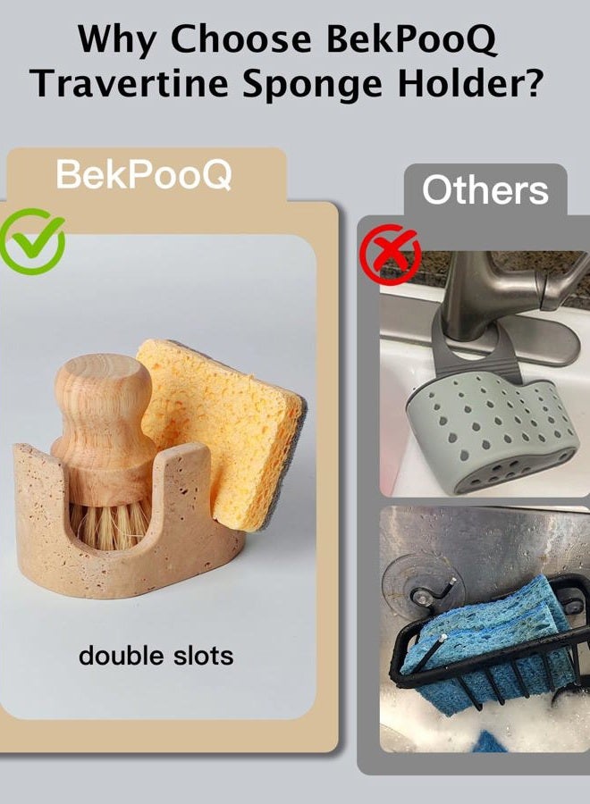 BekPooQ Natural Travertine Sponge Holder for Kitchen Counter, Dual Slots, Drying Rack, Sponge Caddy for Sink Organizer, Sponge Holder for Countertop,2 Slots, Beige Travertine - Image 5