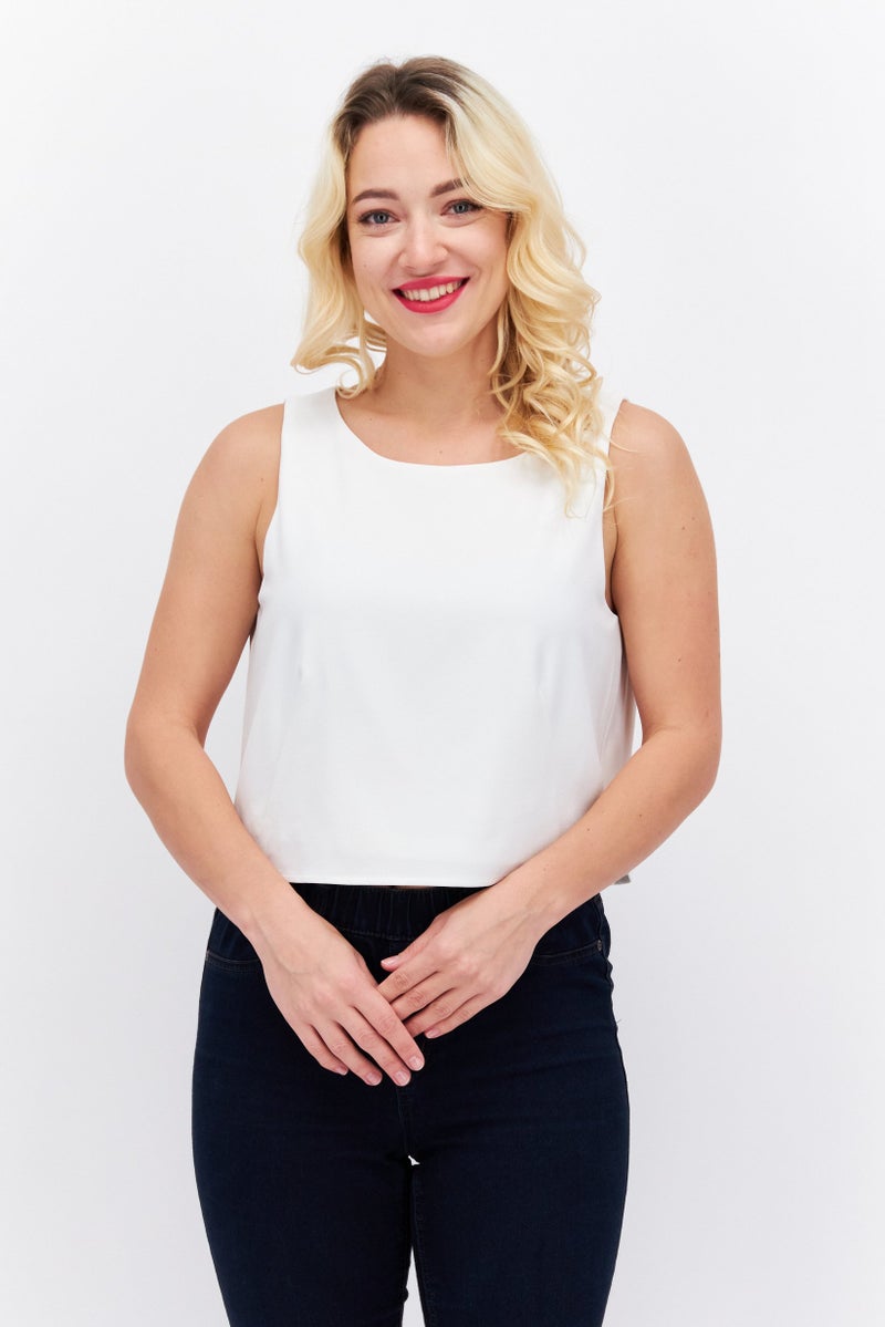 ESPRIT Women Round Neck Sleeveless Solid Crop Top, White - Image 1