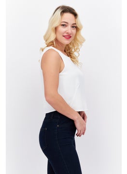 ESPRIT Women Round Neck Sleeveless Solid Crop Top, White  - Image 4