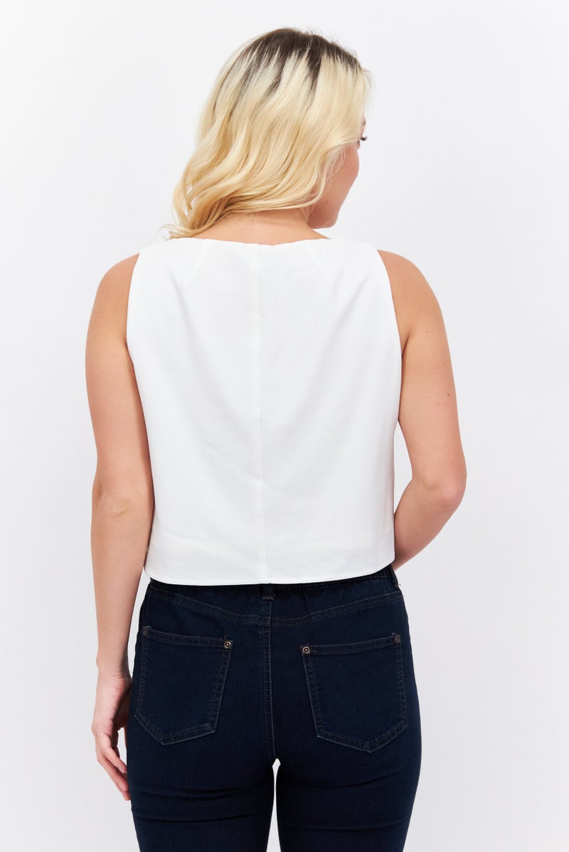 ESPRIT Women Round Neck Sleeveless Solid Crop Top, White - Image 3