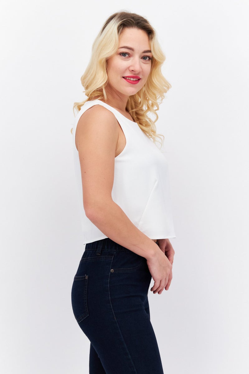 ESPRIT Women Round Neck Sleeveless Solid Crop Top, White - Image 4