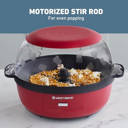 West Bend Stir Crazy Hot Oil Popcorn Popper, Popcorn Maker Machine with Large Serving Bowl Lid and Stirring Rod, 6-Qt., Red - Image 4