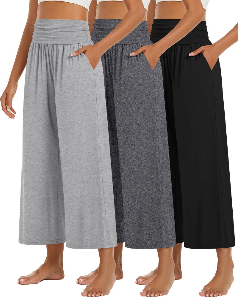 Huukeay 3 Pack Wide Leg Pants for Women, Lounge Yoga Pants High Waist Loose Casual Trouser Cropped Palazzo Capri with Pockets(Black, Gray, Light Gray,M) - Image 1