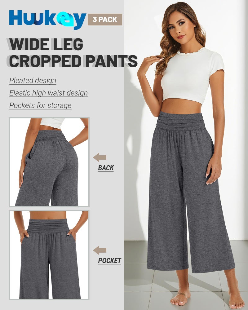 Huukeay 3 Pack Wide Leg Pants for Women, Lounge Yoga Pants High Waist Loose Casual Trouser Cropped Palazzo Capri with Pockets(Black, Gray, Light Gray,M) - Image 3