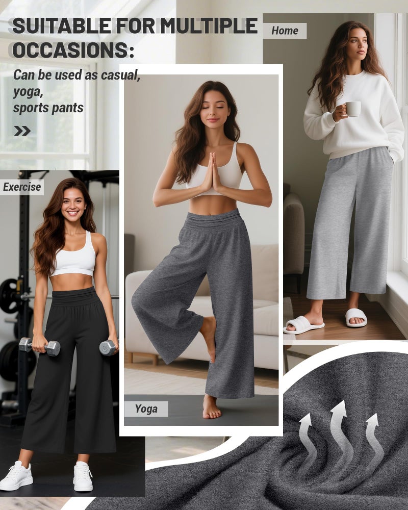 Huukeay 3 Pack Wide Leg Pants for Women, Lounge Yoga Pants High Waist Loose Casual Trouser Cropped Palazzo Capri with Pockets(Black, Gray, Light Gray,M) - Image 2