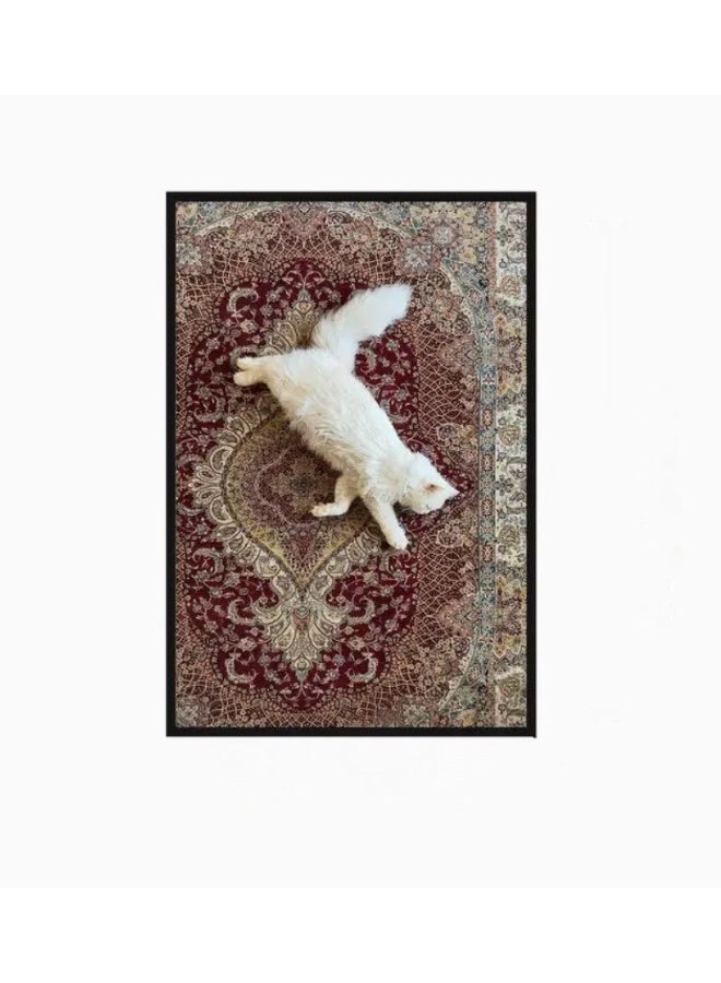 White Cat on Persian Rug Wall Art Frame – Playful Cat on Burgundy Oriental Carpet Background | Premium Framed Canvas | 60 × 40 cm (Vertical) - Image 1