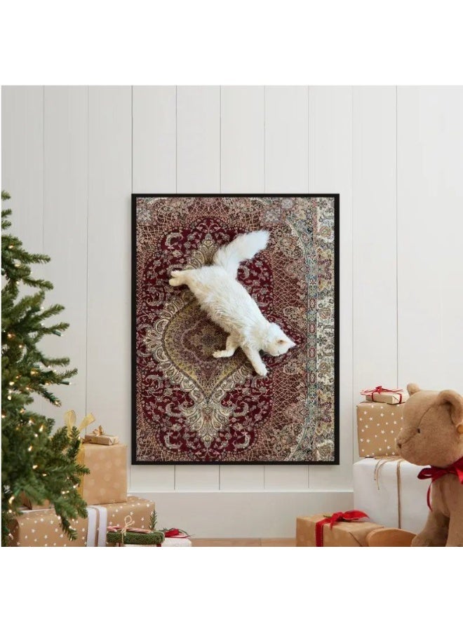 White Cat on Persian Rug Wall Art Frame – Playful Cat on Burgundy Oriental Carpet Background | Premium Framed Canvas | 60 × 40 cm (Vertical) - Image 2