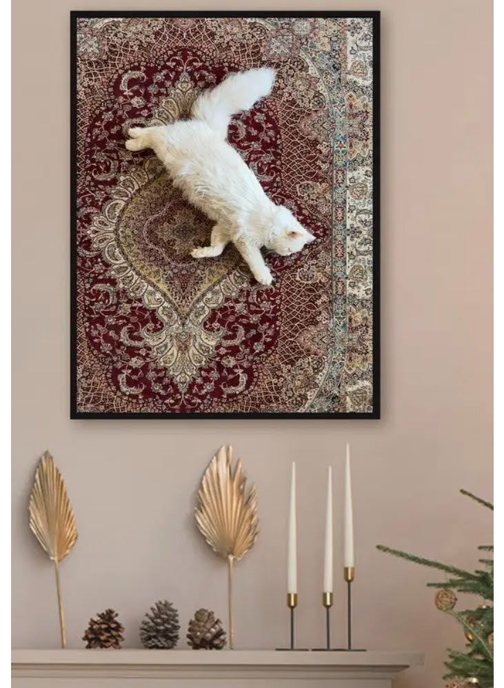 White Cat on Persian Rug Wall Art Frame – Playful Cat on Burgundy Oriental Carpet Background | Premium Framed Canvas | 60 × 40 cm (Vertical) - Image 3