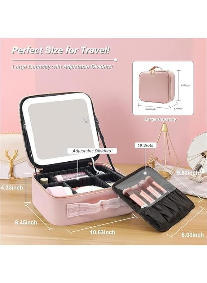 MIXDE Makeup Bag with Mirror and Light 3 Colors,Travel Makeup Train Case Cosmetic Organizer,Portable Artist Storage Bag with Adjustable Dividers Makeup Brushes Storage Organizer,Gift for Women - Image 2
