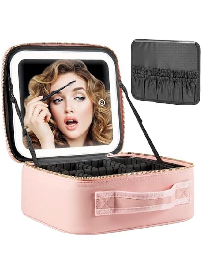MIXDE Makeup Bag with Mirror and Light 3 Colors,Travel Makeup Train Case Cosmetic Organizer,Portable Artist Storage Bag with Adjustable Dividers Makeup Brushes Storage Organizer,Gift for Women - Image 1