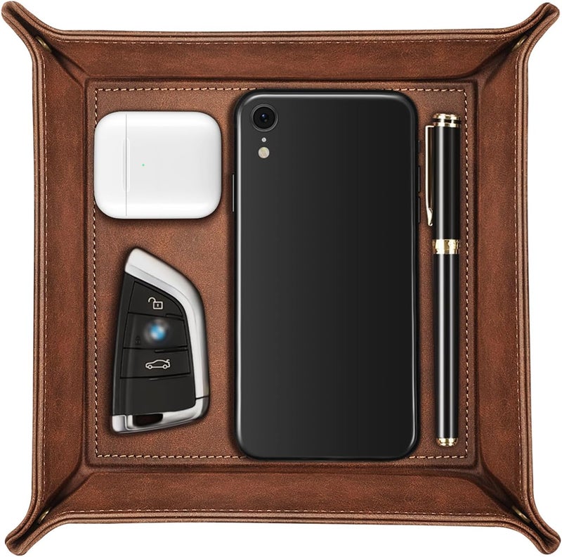 SITHON Valet Tray Desktop Storage Organizer – Premium PU Leather Catchall Bedside Vanity Tray Nightstand Caddy Holder for Remote Controller, Keys, Phone, Wallet, Coin, Jewelry, Brown - Image 1