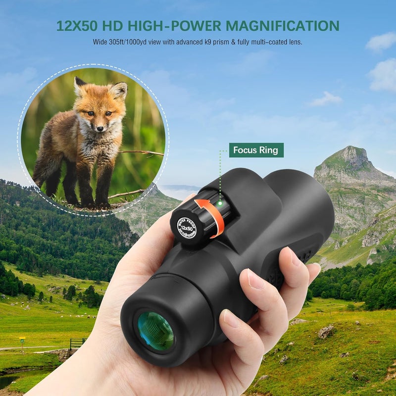 Tydeux Monocular Telescope BAK-9 Prism Monoscope for Bird Watching, Hunting, Camping, Travel, Stargazing, Wildlife, 12x50mm - Image 2