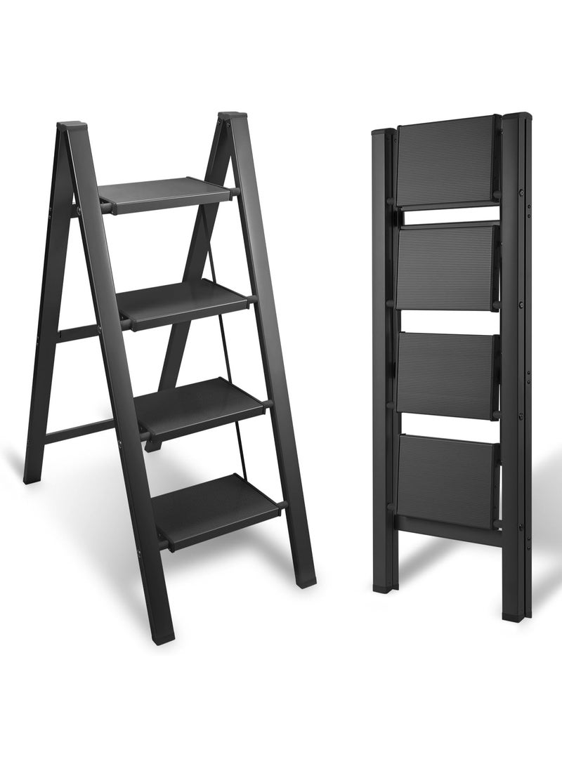 Generic 4-Step Folding Ladder – Heavy-Duty Steel, Wide Anti-Slip Steps, Safety A-Frame, Compact Foldable Step Stool for Home & Office (Black) - Image 1