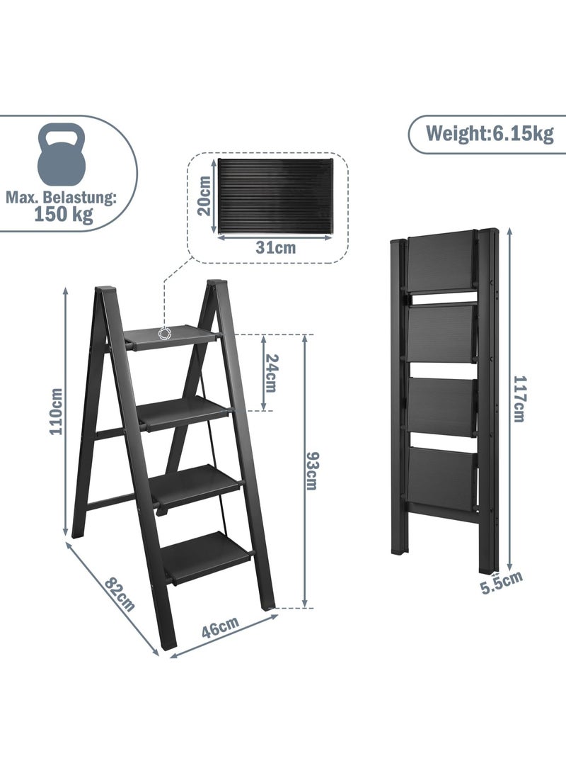 Generic 4-Step Folding Ladder – Heavy-Duty Steel, Wide Anti-Slip Steps, Safety A-Frame, Compact Foldable Step Stool for Home & Office (Black) - Image 2