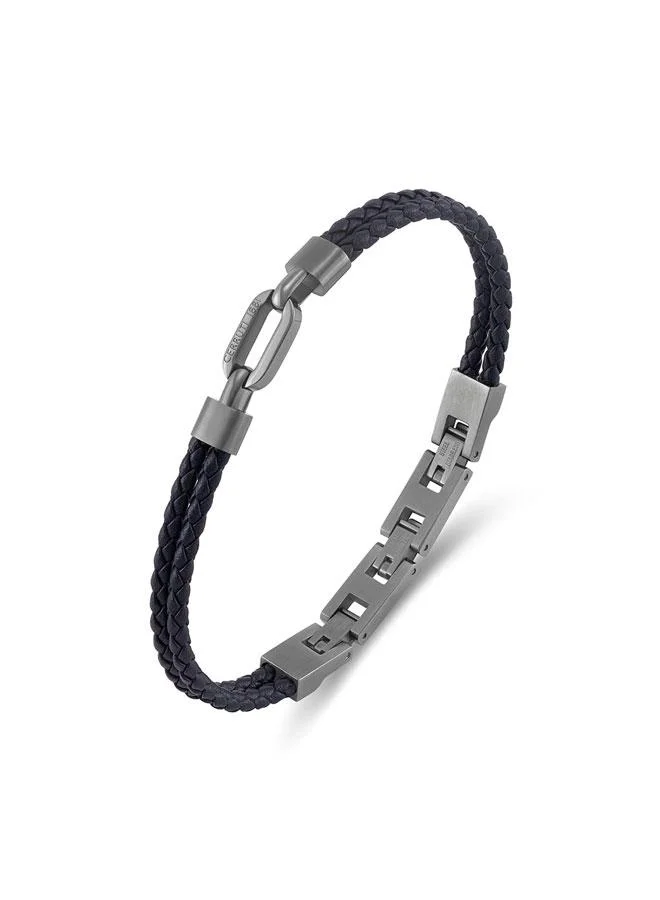 شيروتي 1881 Tommaso Gunmetal Stainless Steel Black Baided Leather Bracelet for Men 180mm