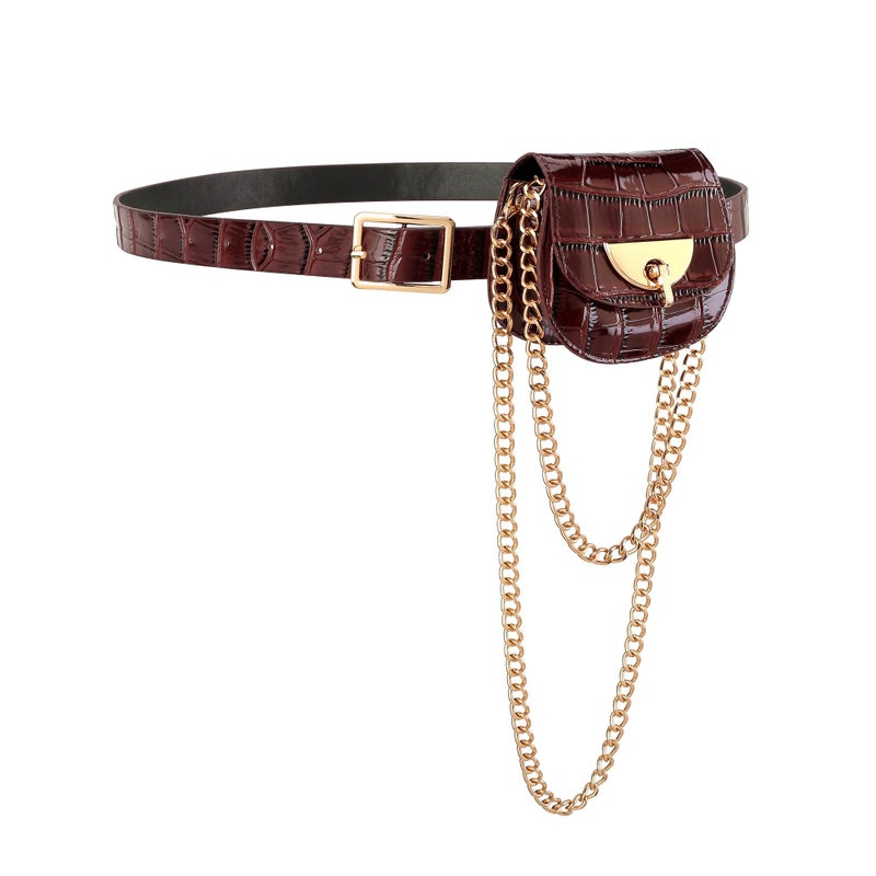 Ayliss Women Fanny Waist Bag PU Leather Belt Bag for Women Fanny Pack Mini Belt Bag Crossbody Waist Purse Y2K Chain Bag Detachable (Brown) - Image 1