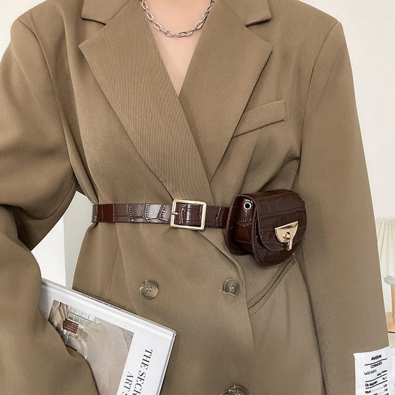 Ayliss Women Fanny Waist Bag PU Leather Belt Bag for Women Fanny Pack Mini Belt Bag Crossbody Waist Purse Y2K Chain Bag Detachable (Brown) - Image 2