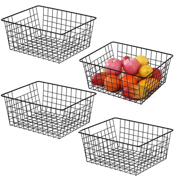 KITCHEN WIRE BASKETS FARMHOUSE DECOR METAL FOOD STORAGE ORGANIZERHOUSEHOLD REFRIGERATOR BIN WITH BUILTIN HANDLES FOR CABINETSPANTRYBATHROOMBLACK
