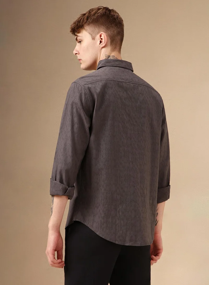 Dennis Lingo Men's Grey 100% Cotton Textured Shirt