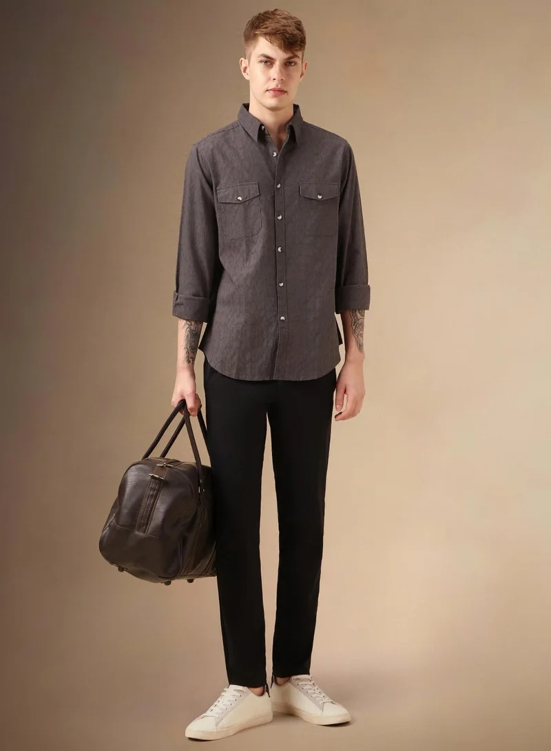 Dennis Lingo Men's Grey 100% Cotton Textured Shirt