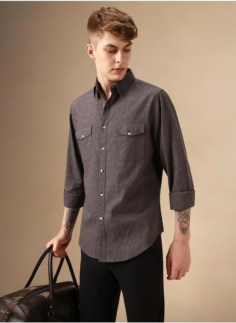 دينيس لينغو Men's Grey 100% Cotton Textured Shirt