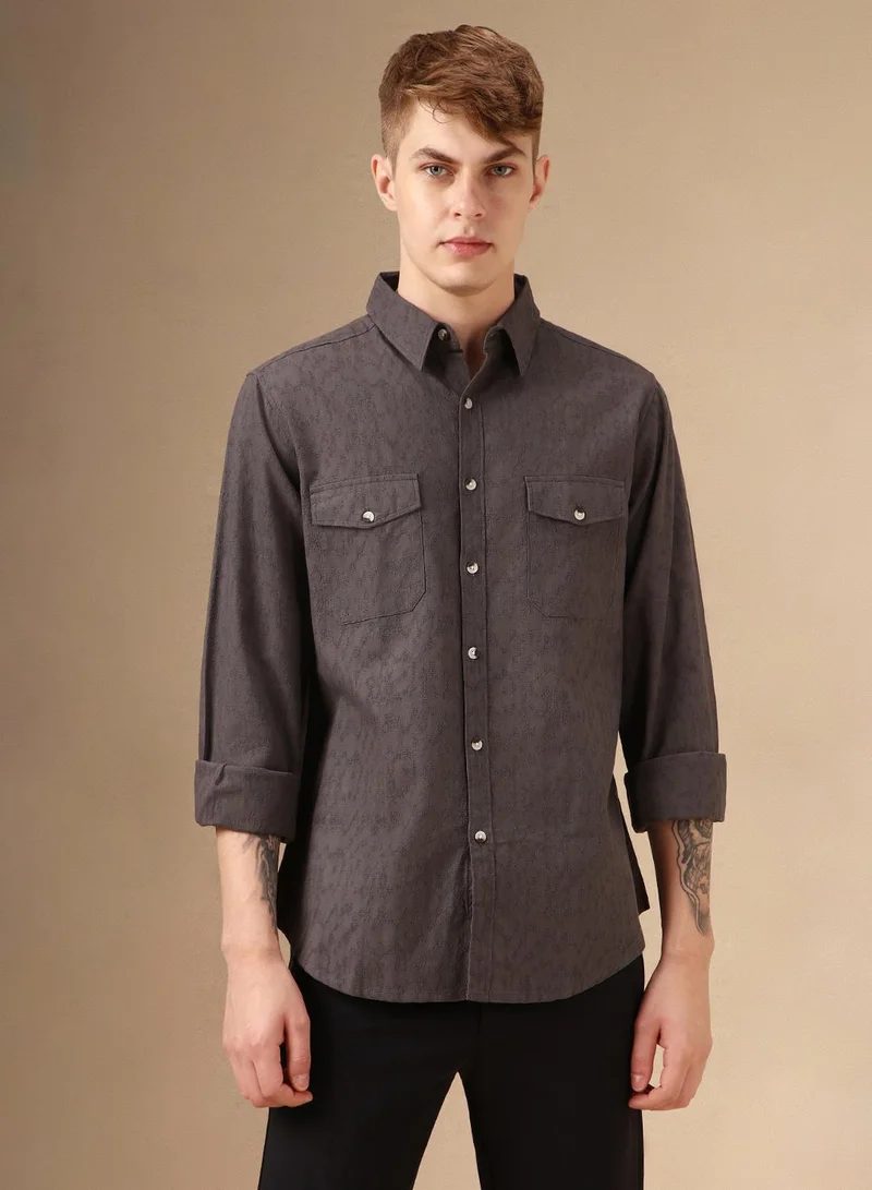 Dennis Lingo Men's Grey 100% Cotton Textured Shirt