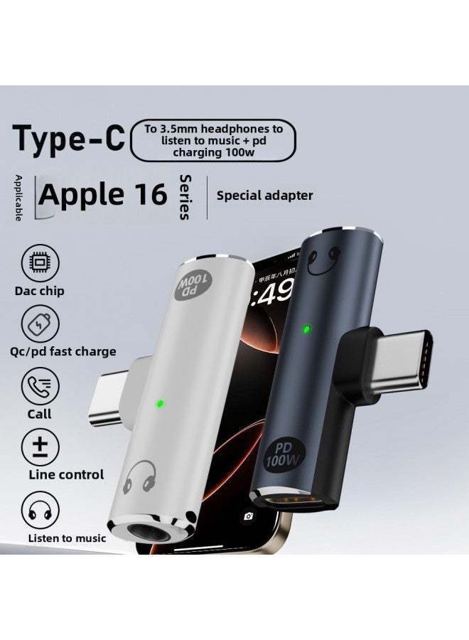 With Power Supply Type-c To 3.5mm Headphone 2-in -1 Adapter Audio 201 Chip C100 Headphone Adapter-Color:Black - Image 3