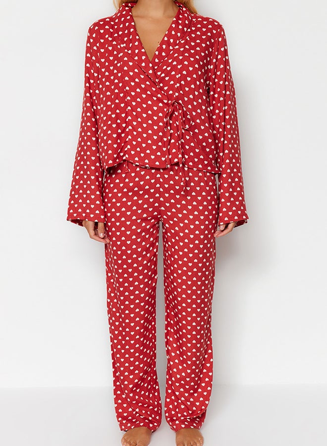 trendyol Dusty Rose Heart Patterned Tie Detailed Shirt-Pants Woven Pajama Set THMAW22PT0300 - Image 4