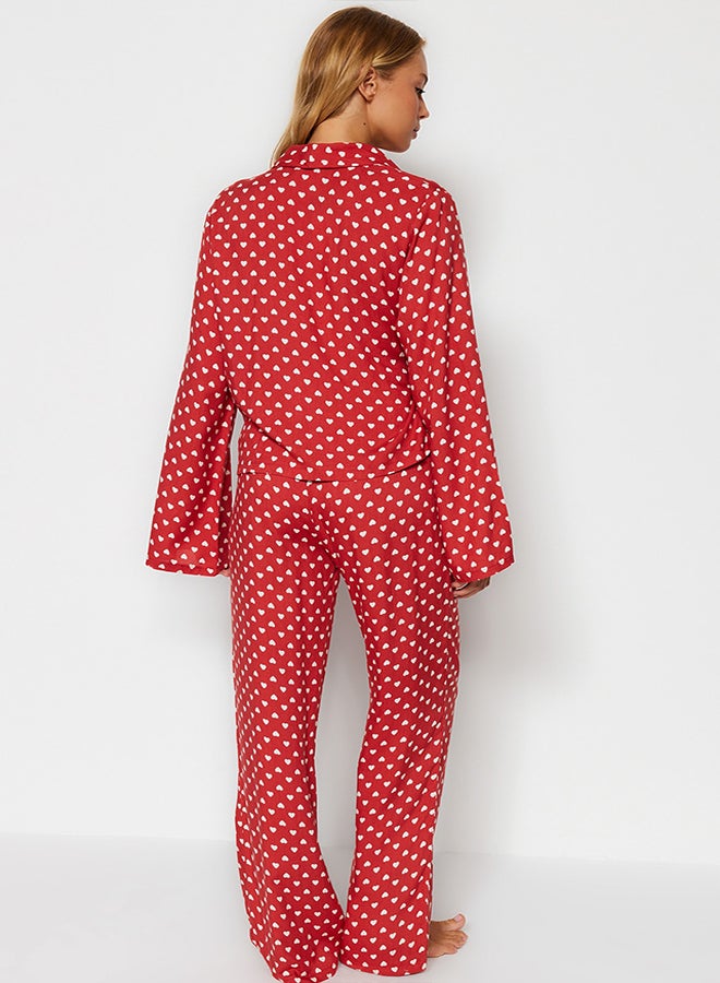 trendyol Dusty Rose Heart Patterned Tie Detailed Shirt-Pants Woven Pajama Set THMAW22PT0300 - Image 5