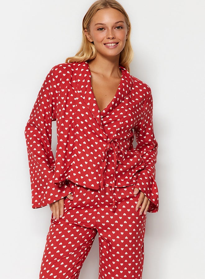 trendyol Dusty Rose Heart Patterned Tie Detailed Shirt-Pants Woven Pajama Set THMAW22PT0300 - Image 3