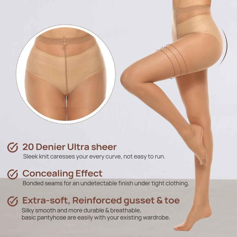 MANZI 6 Pairs Women's 20D Sheer Silky Pantyhose Run Resistant Nylon Tights High Waist Stockings with Control Top (6 Natural,XL) - Image 4