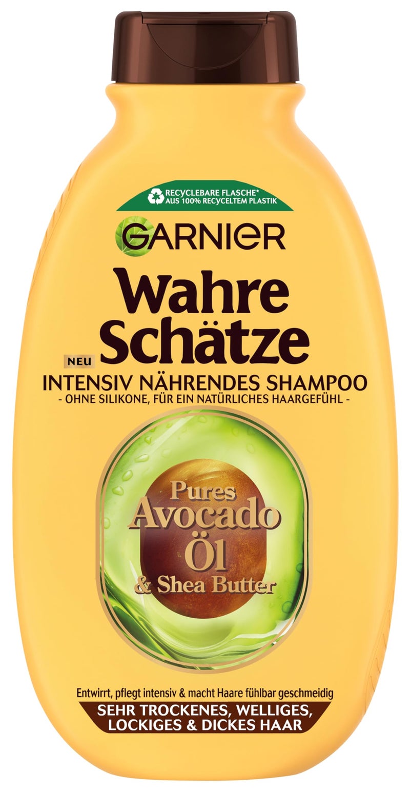 Garnier True Treasures Intensive Nourishing Shampoo Pure Avocado Oil & Shea Butter for Dry Hair, Silicone-Free, for All Curl Types, More Smoothness, 1 x 250 ml