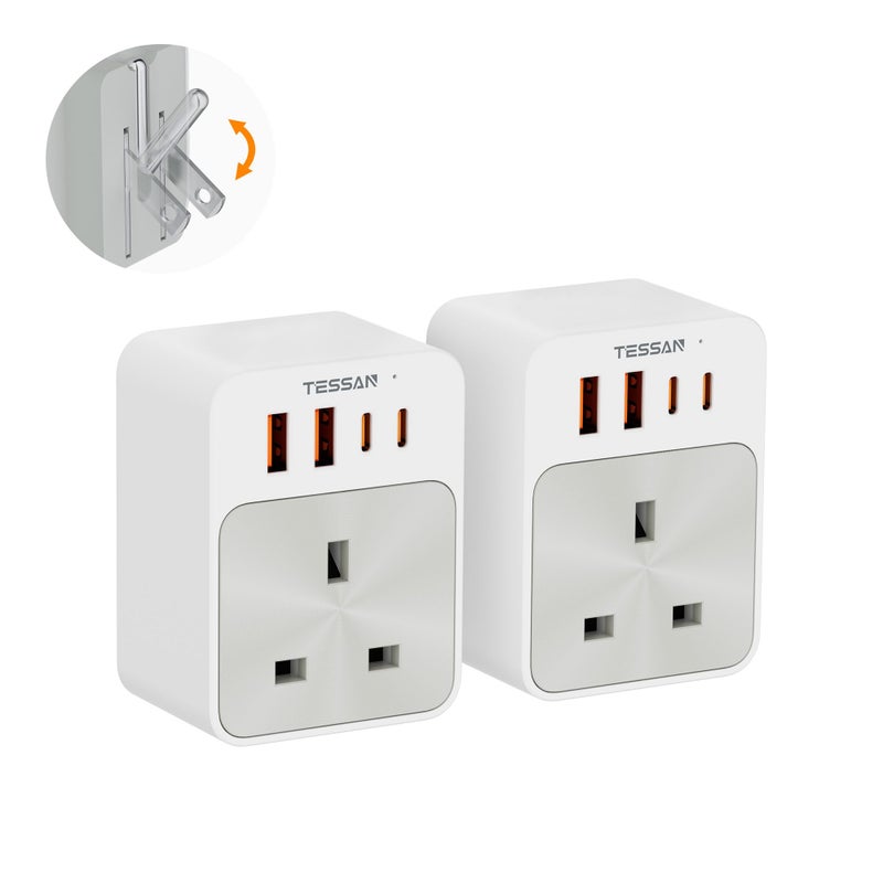 تيسان TESSAN UK to US Plug Adaptor 2 Pack, Foldable USA Travel Adapter with USB C - Image 1