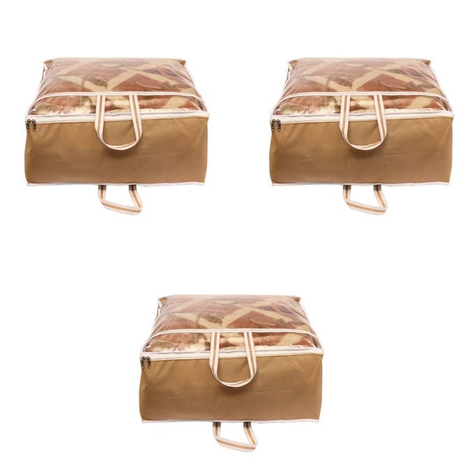 PRESENTS NON WOVEN BLANKET STORAGE BAG WITH FRONT HANDLE LARGE TRANSPARENT CLEAR WINDOW LARGE SIZE STORAGE BAG COVER UNDER BED STORAGE BEIGE PACK OF 3