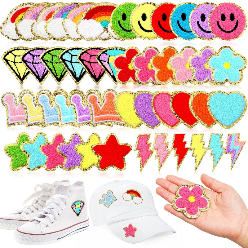 48 Pcs Iron on Patches Self Adhesive Chenille Patches for Backpacks Applique Patches Rainbow Heart Smile Face Star Flower Paw Embroidered Patch for Clothing Fabric Jackets Jeans Repair Cute Style