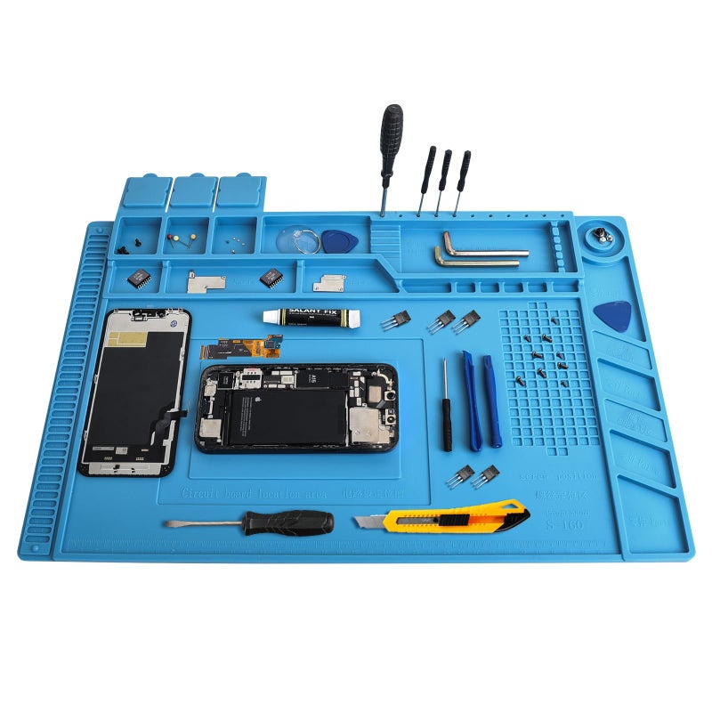 Smlirop Professional Silicone Soldering Pad 932Â°F Heat-Resistant - 17.7â€œ x 11.8â€ Anti-Static Repair Workstation with Magnetic Area and Electronics Screw Storage Box - Image 1