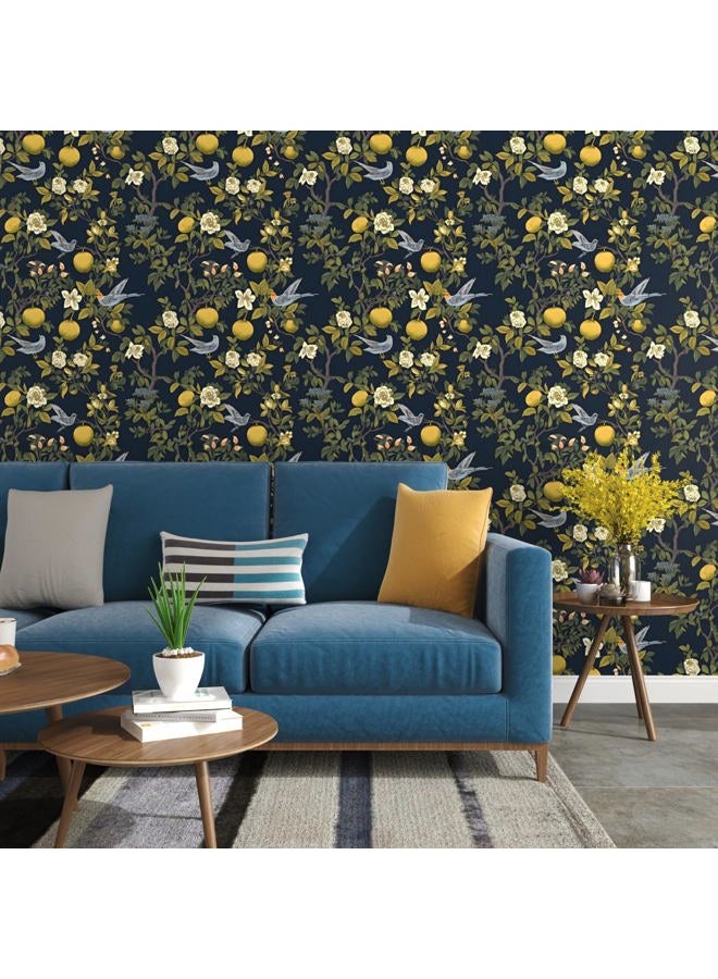Laatse Birds Wallpaper Peel and Stick, Floral Contact Paper，Trees Friuts Flowers Wall Paper Removable Self Adhesive Waterproof for Room Walls Shelves Cabinet Drawer Table 17.5" x 118"(Blue, Yellow, Green) - Image 2