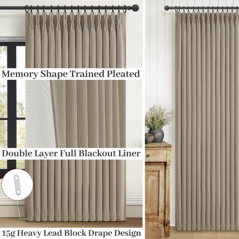 PleatedDrapes Flax Linen Greyish Beige Light Blocking Curtains 90 Inches Long 2 Panels Set for Dining Room, Neutral Memory Shape Pleated Blackout Heavy Duty Curtain with Hooks Ceiling Track Patio Door Drape 7-1/2FT - Image 4