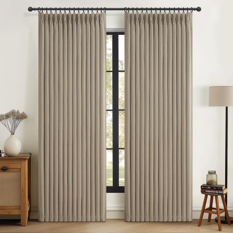 PleatedDrapes Flax Linen Greyish Beige Light Blocking Curtains 90 Inches Long 2 Panels Set for Dining Room, Neutral Memory Shape Pleated Blackout Heavy Duty Curtain with Hooks Ceiling Track Patio Door Drape 7-1/2FT - Image 1